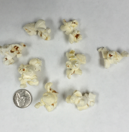 Popcorn size compared to a nickel